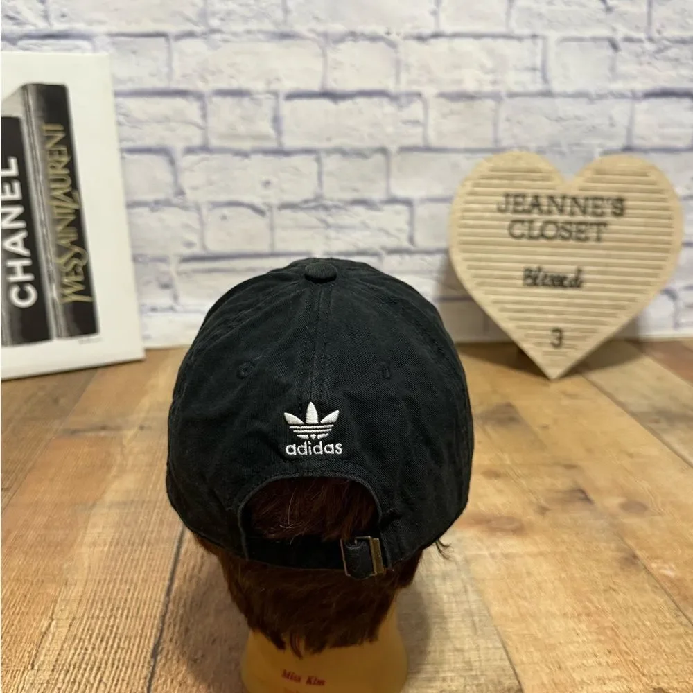 Adidas Hat Cap Strap Back Black White Trefoil Logo Spell Out Baseball Unisex Gym